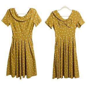 Gown Town  Mustard Polka Dot Fit & Flare Dress Size Small 50s Rockabilly Pinup